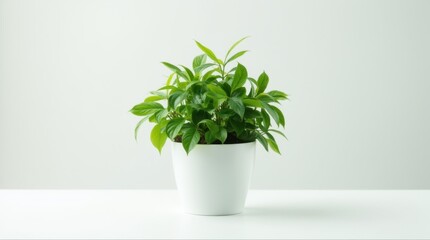 Fototapeta premium A lush green potted plant with vibrant leaves, placed in a sleek white pot on a clean white surface, creating a fresh and minimalist aesthetic.