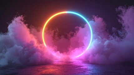 Obraz premium Abstract neon background. Glowing neon circle in dark room with smoke and smog. Empty scene for your design
