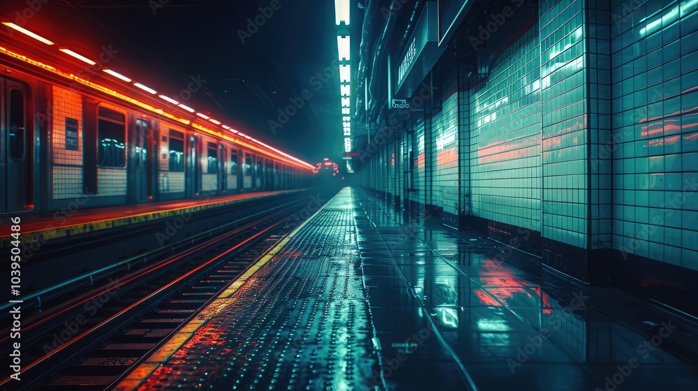 Poster an empty subway station late at night. the harsh, flickering neon lights cast a cold, creating long,