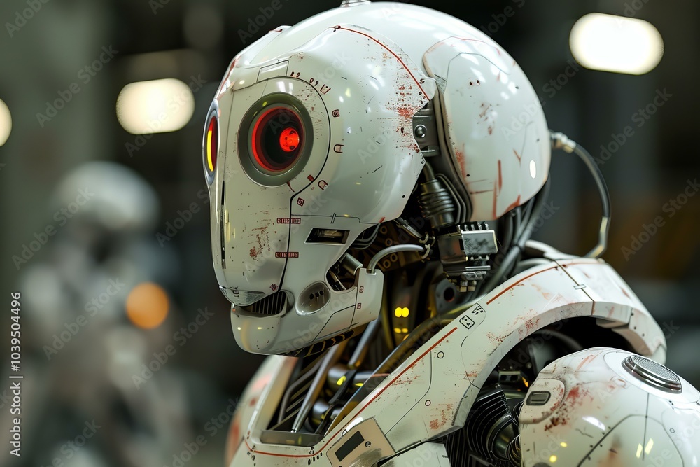 Poster white and red robot with glowing eyes is staring intently in a blurred industrial setting