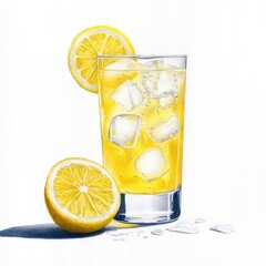 A refreshing glass of lemonade with ice and lemon slices, perfect for a hot day.