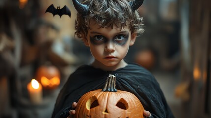 A cute little boy dressed as a devil for Halloween holds a carved pumpkin. He's looking at the camera with a mischievous smile.