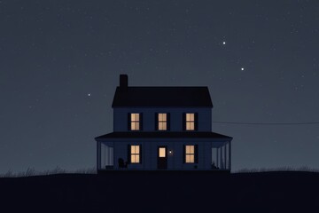 Dark isolated house silhouette against a starry night sky capturing a mysterious and eerie atmosphere in a quiet desolate rural setting