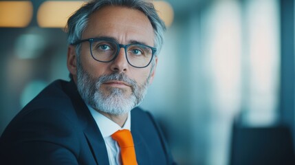 Naklejka premium Thoughtful businessman with gray hair and beard wearing glasses