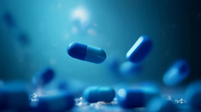Close up of capsule, pill on blurred blue background