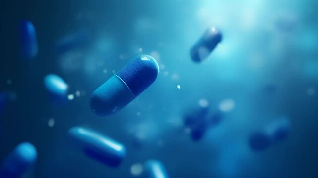 Close up of capsule, pill on blurred blue background