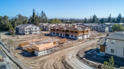 Fototapeta premium Aerial view of residential construction development with multiple homes in various stages of completion. 