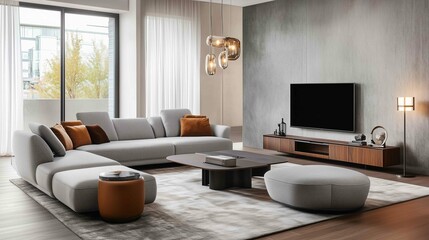 Gray sofa and tv unit in loft interior design of modern living room
