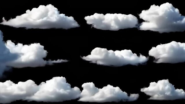 Moving Cloud in Black Background, isolated realistic Cloud, 3D Puffy fluffy white sky cloud. Generative AI