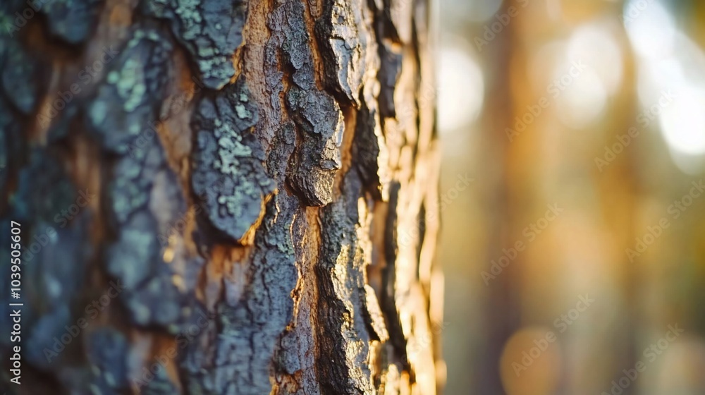 Poster close-up of textured tree bark with a blurred background of trees and sunlight.