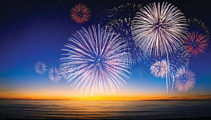 Colorful fireworks festival happy new year black background, abstract energy with motion