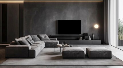 Gray sofa and tv unit in loft interior design of modern living room
