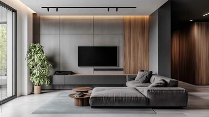 Gray sofa and tv unit in loft interior design of modern living room
