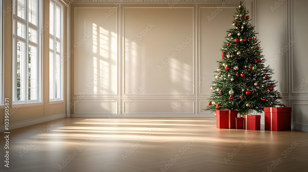 Poster a large empty room with a christmas tree in the corner. the tree is decorated with lights and orname