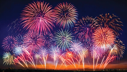 Colorful fireworks festival happy new year black background, abstract energy with motion