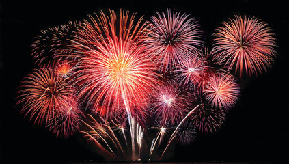 Colorful fireworks festival happy new year black background, abstract energy with motion