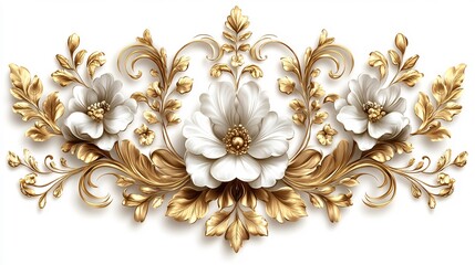 Elaborate golden Baroque design with opulent flourishes featuring intricate leaf patterns swirling along luxurious frames with vintage floral motifs set on a classic white background