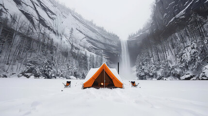 winter camping scene featuring snow covered tent surrounded by serene landscape. majestic waterfall in background adds to tranquil atmosphere, creating perfect escape into nature