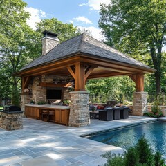 A beautiful outdoor kitchen pavilion with stone and wood features, perfect for entertaining by the pool in a serene backyard.