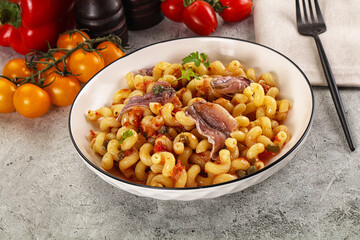 Italian pasta cellentani with anchovy