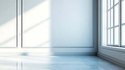Fototapeta premium A bright, minimalist room with white walls, a large window, and a smooth, white floor. The sun shines through the window, casting soft shadows on the wall. The room is empty and ready for design.