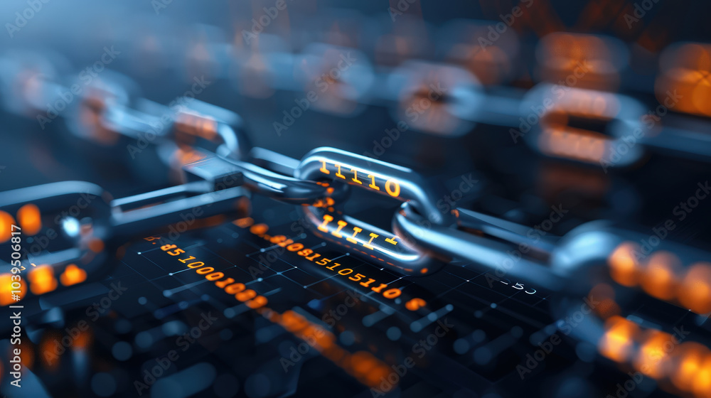 Poster digital representation of blockchain network, showcasing interconnected links with glowing elements 