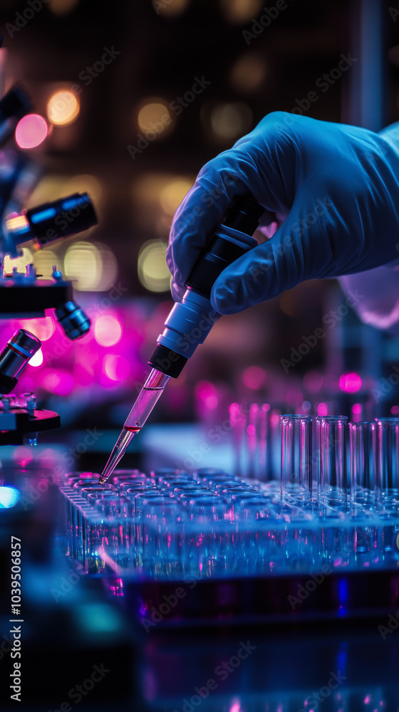 Poster scientist conducting experiments in a laboratory with test tubes and a microscope under bright light