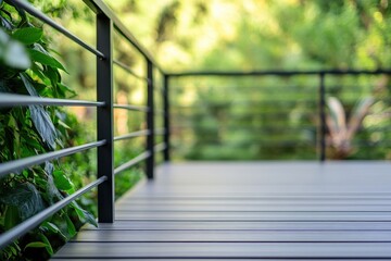 Composite Wood Deck with Metal Railing. Construction and Design Concept for Exterior Home Improvement