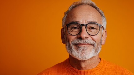 A man with glasses and a beard is smiling at the camera. He is wearing an orange sweater