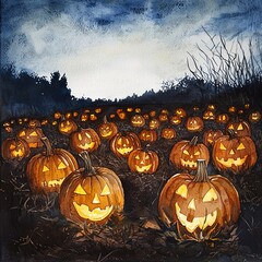 watercolor painting of a pumpkin patch at dusk with glowing jack-o'-lanterns, on isolated white background