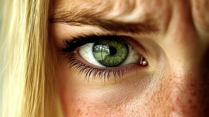  A close-up of a woman's green eye, framed by long blonde hair