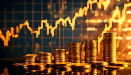 Stacked golden coins with fluctuating line graph background, financial growth concept