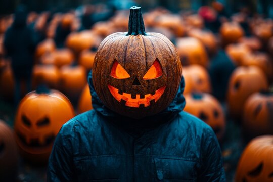 Man in a hooded outfit with a jack o lantern head standing among pumpkins embodying the spirit of Halloween in a mysterious eerie pumpkin patch setting