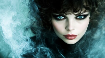 Fototapeta premium A tight shot of a woman with smoky eyes from blue contact lenses and a cigarette hovering near her expressive gaze