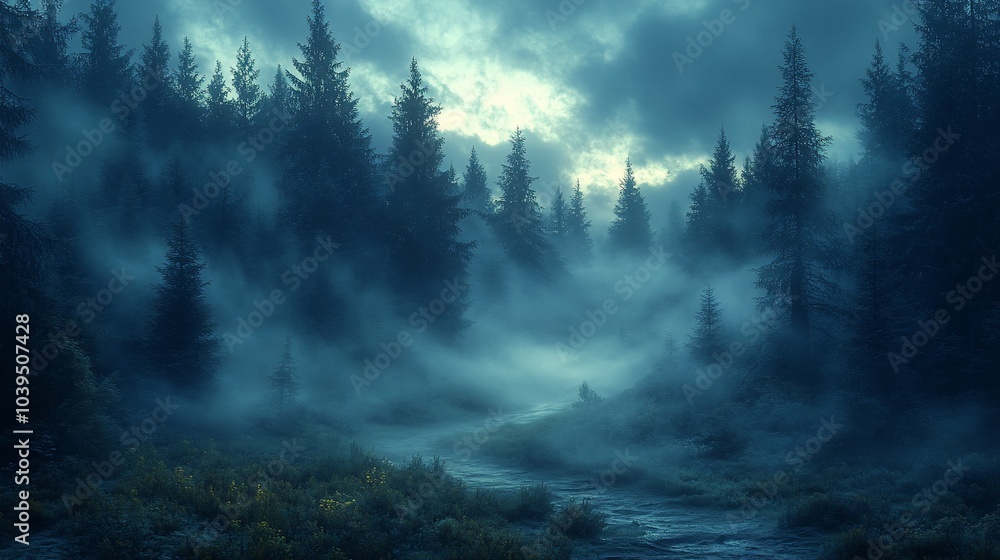 Poster a misty forest with tall trees and a stream running through it.