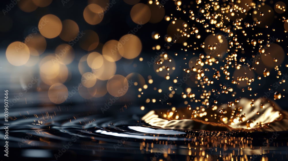 Poster mesmerizing abstract image featuring flowing gold textures and liquid like forms, with sparkling dro