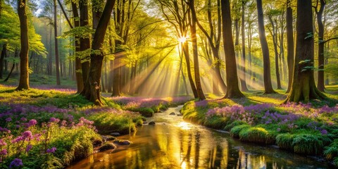 Fototapeta premium Sunbeams Pierce through the Canopy of a Verdant Forest, Illuminating the Path of a Winding Creek, Surrounded by a Lush Blanket of Vibrant Blooms