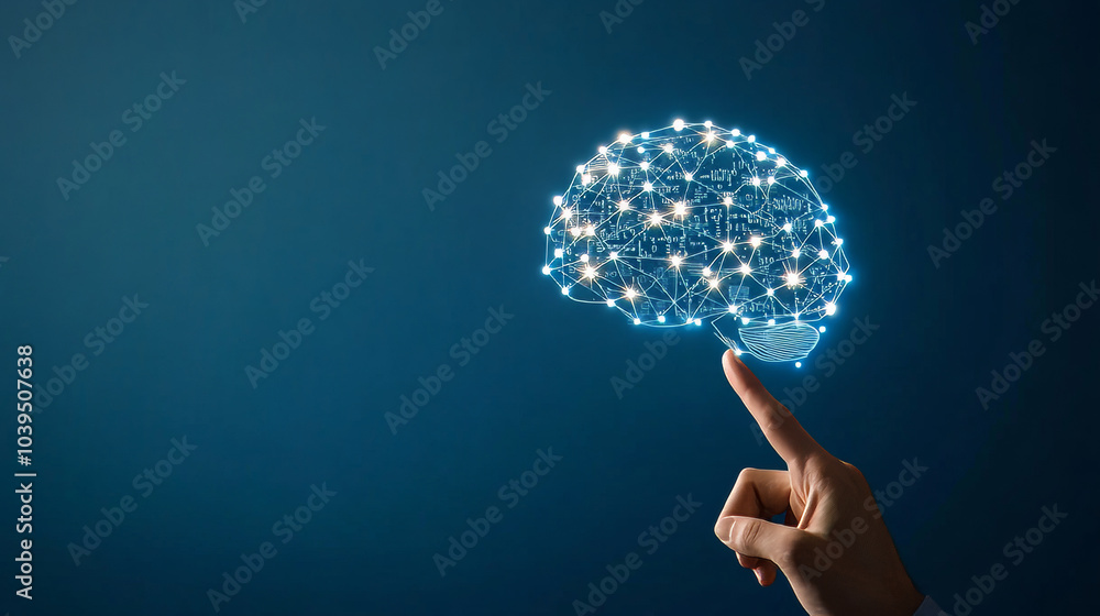 Poster a businessman's hand points to a glowing brain image filled with computer code, against a blue backg