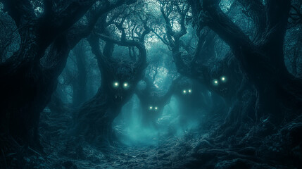 Obraz premium Mysterious forest at twilight with glowing eyes lurking among ancient trees and mist in a fantasy landscape