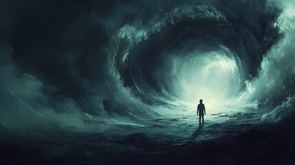 A lone figure stands at the edge of a swirling, turquoise vortex, facing a bright light at the end. The image evokes a sense of mystery and wonder, suggesting a journey into the unknown.