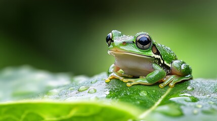 Obraz premium A frog up-close on a wet leaf against a green backdrop, with water droplets on its surface