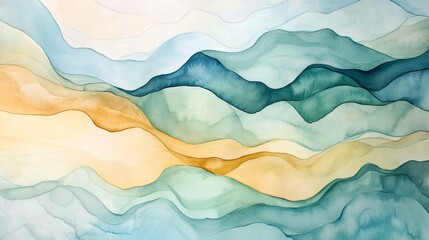 Abstract watercolor painting of blue, green and yellow waves.