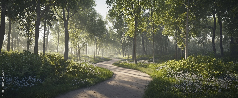 Poster winding path through a misty forest with sunlight filtering through the trees.