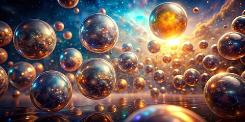 A symphony of luminous orbs, each a miniature universe, suspended in a boundless celestial expanse, their surfaces shimmering with cosmic dust and distant galaxies.