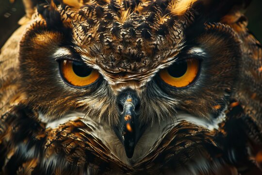 Close up of a majestic eurasian eagle owl staring intensely with piercing orange eyes