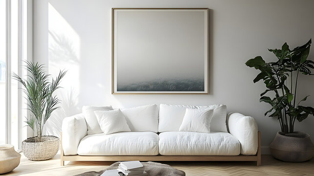 A white couch sits in a living room with a large picture frame on the wall