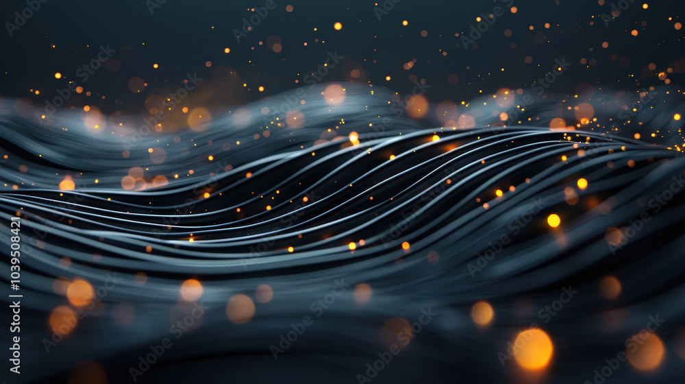 Poster abstract flowing gold texture with smooth liquid waves and glowing particles creates mesmerizing vis
