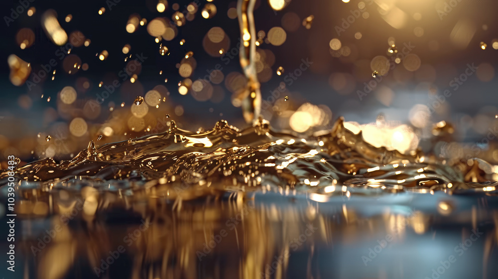 Poster golden liquid flows gracefully, creating mesmerizing texture with sparkling droplets and soft glow. 