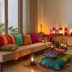 Naklejka premium Modern Living Space with Diwali Lanterns, Vibrant Cushions, and Decorative Diyas for a Contemporary