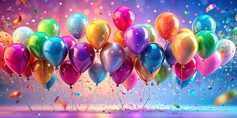 A symphony of vibrant balloons dancing in a cascade of confetti, their glossy surfaces reflecting the joy of celebration.